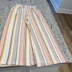Striped cotton wide leg pants in Peach,Gray Cream & Mustard color stripes